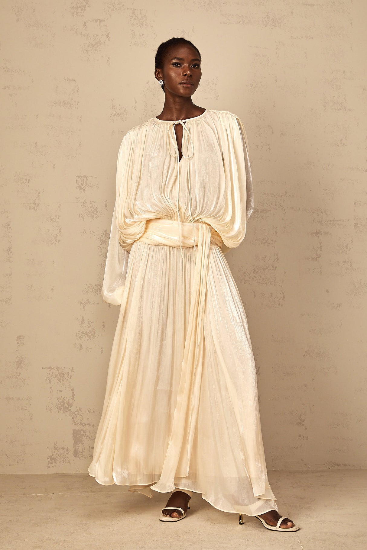 Aurohaya Eugénie Pleated Ruffle Maxi Dress in Neutral