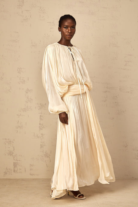 Aurohaya Eugénie Pleated Ruffle Maxi Dress in Neutral