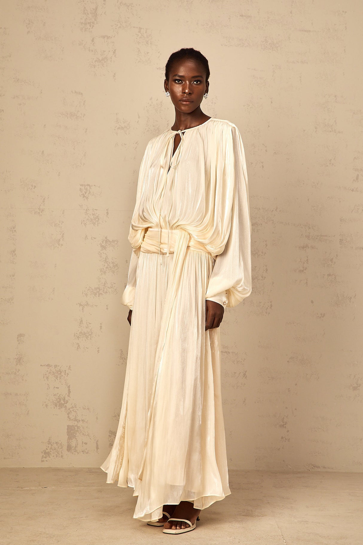 Aurohaya Eugénie Pleated Ruffle Maxi Dress in Neutral