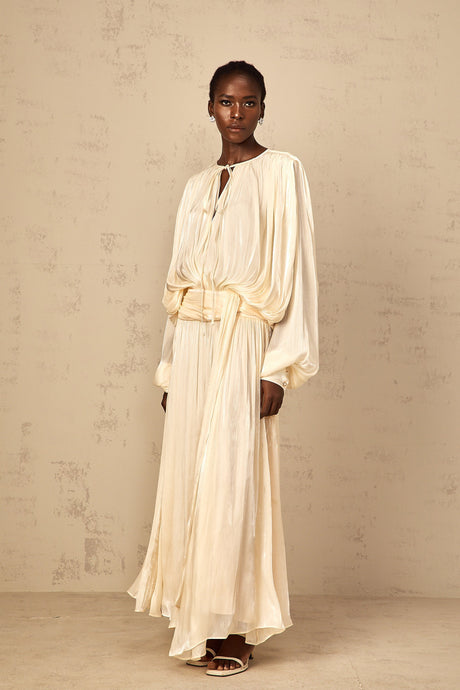 Aurohaya Eugénie Pleated Ruffle Maxi Dress in Neutral