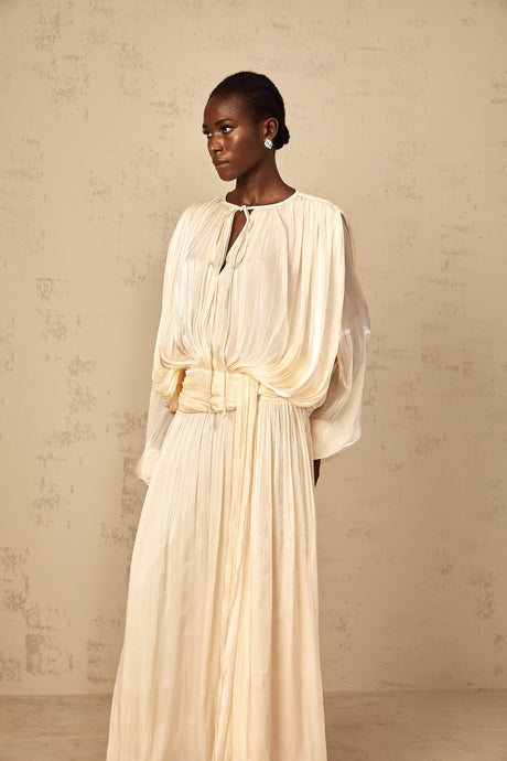 Aurohaya Eugénie Pleated Ruffle Maxi Dress in Neutral