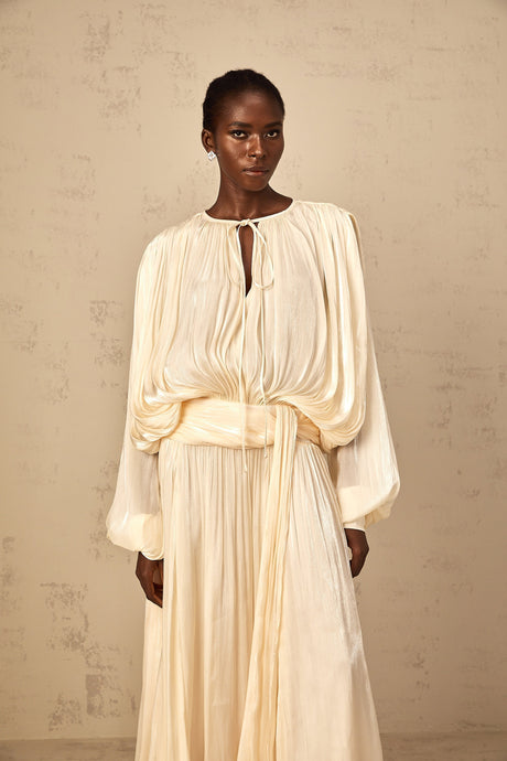 Aurohaya Eugénie Pleated Ruffle Maxi Dress in Neutral