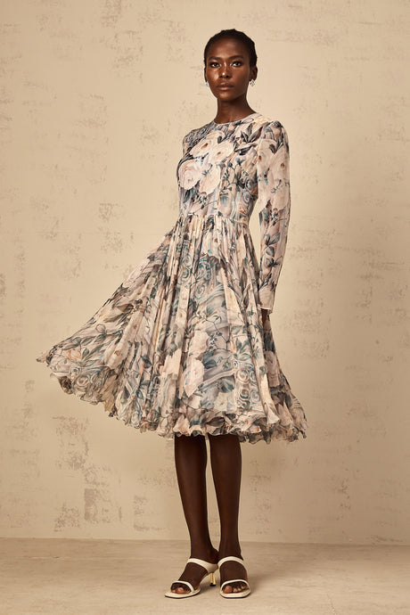 Aurohaya Mélanie Floral Print Pleated Chiffon Midi Dress