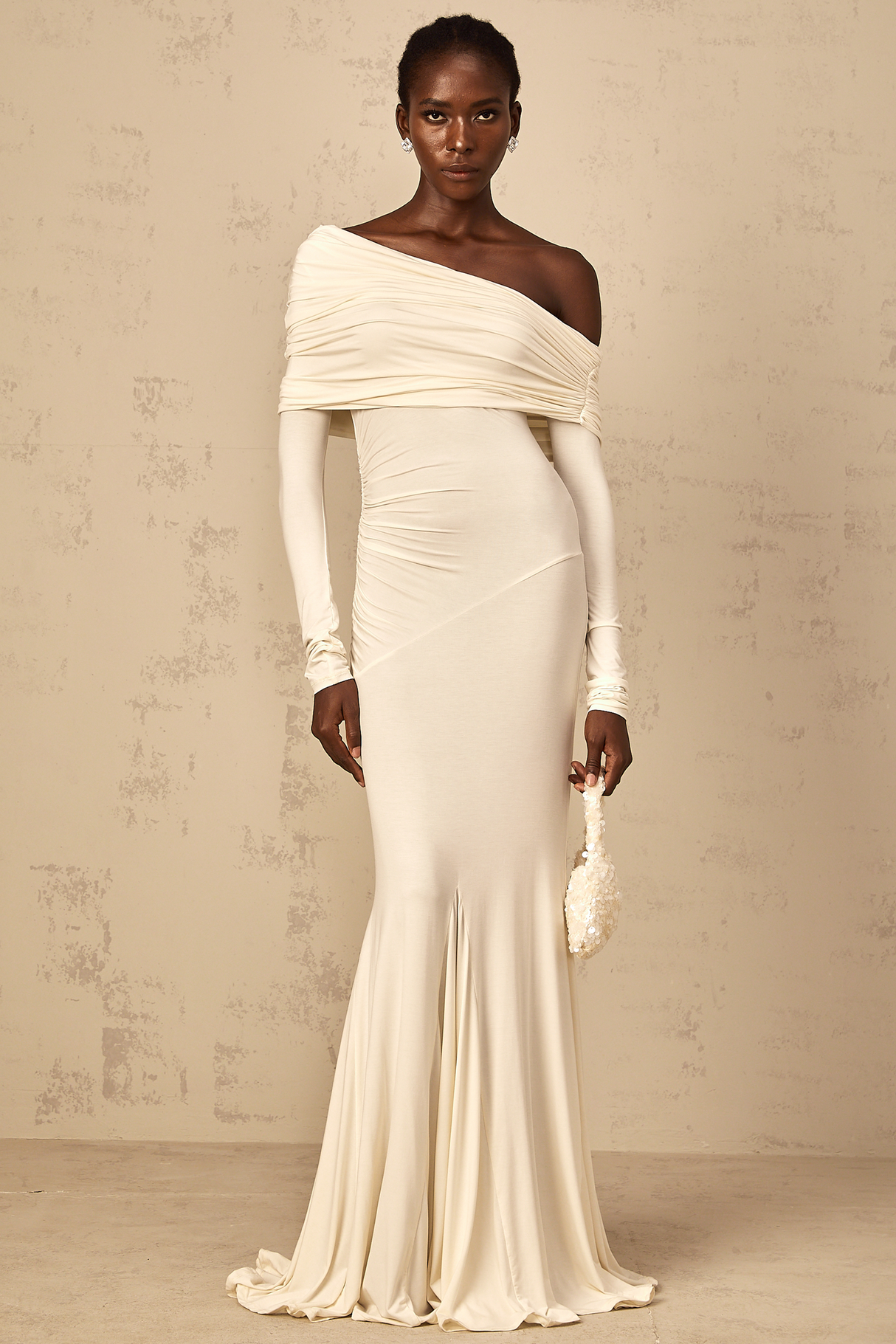 Aurohaya Delphine White Off-Shoulder Ruched Maxi Dress