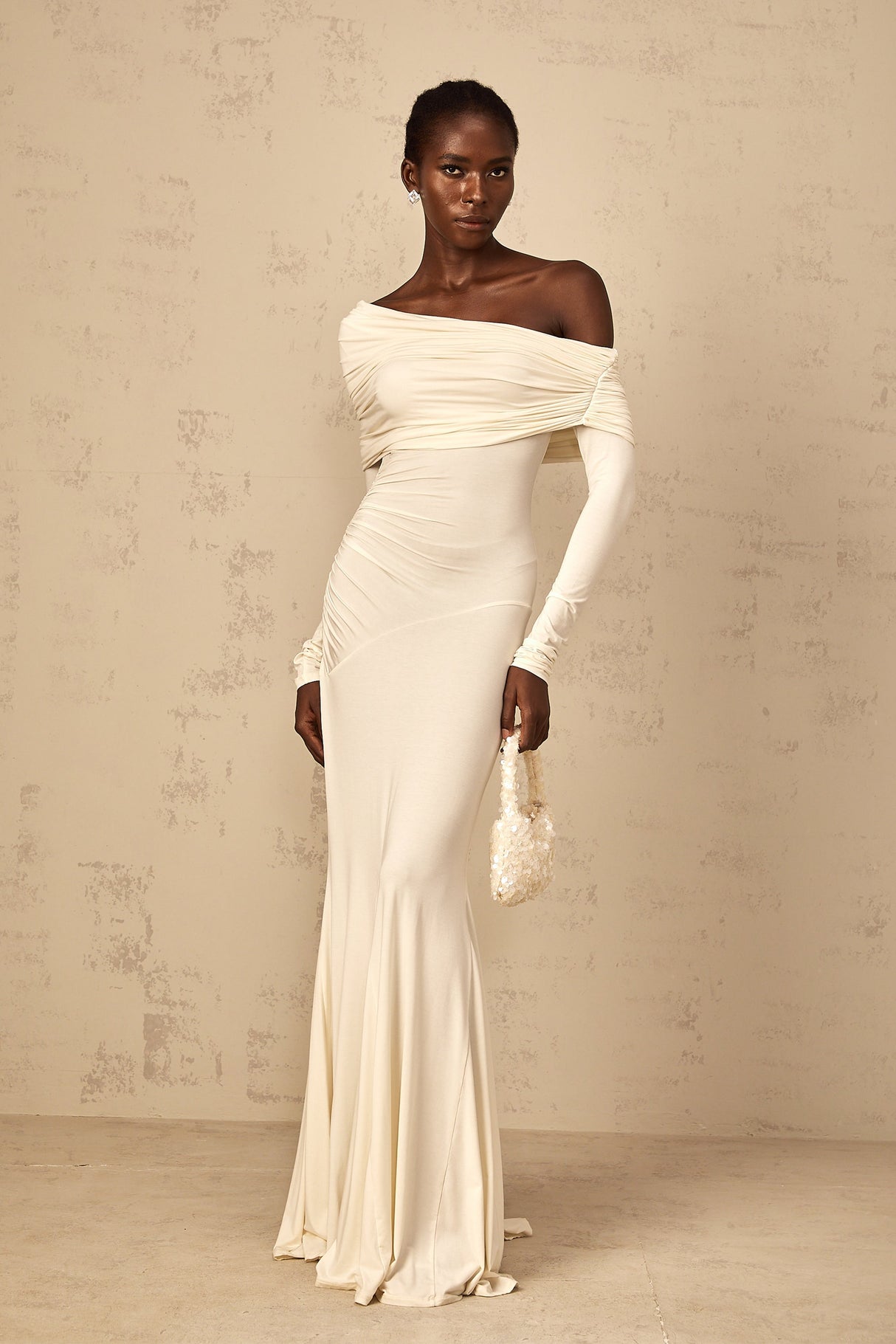 Aurohaya Delphine White Off-Shoulder Ruched Maxi Dress