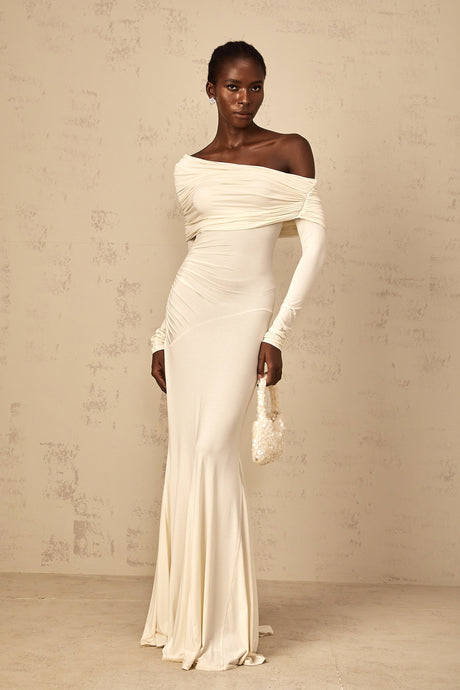 Aurohaya Delphine White Off-Shoulder Ruched Maxi Dress