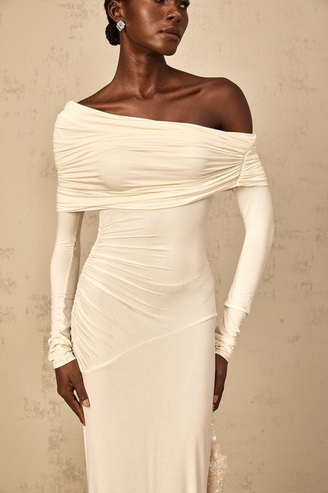 Aurohaya Delphine White Off-Shoulder Ruched Maxi Dress