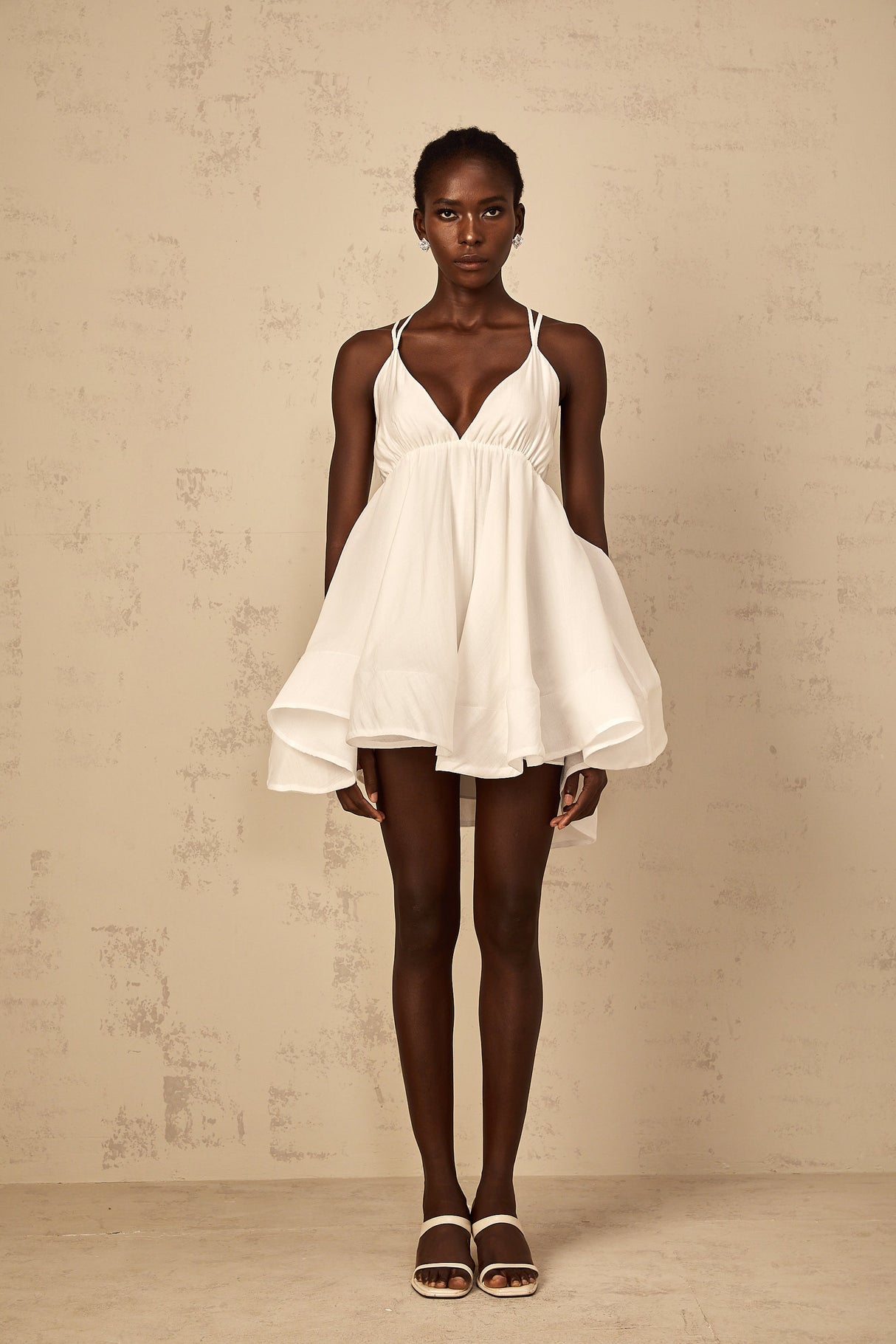 Aurohaya Quincie white shirred flounced mini dress