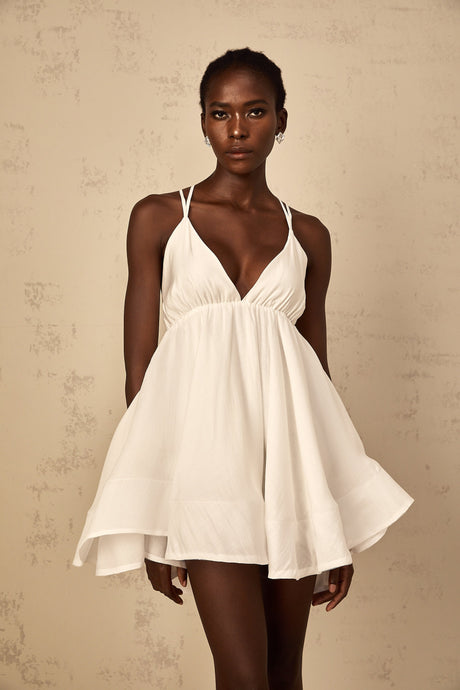Aurohaya Quincie white shirred flounced mini dress
