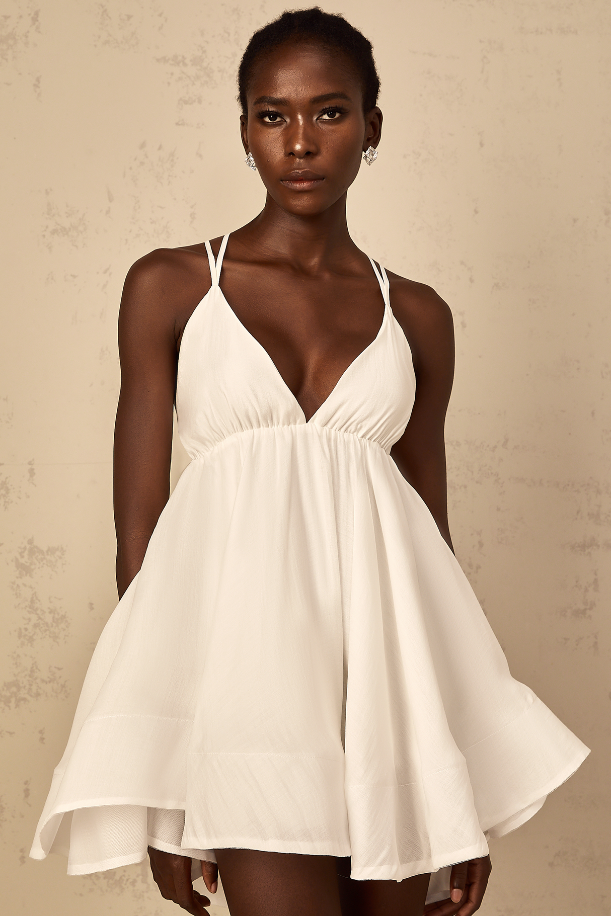 Aurohaya Quincie white shirred flounced mini dress