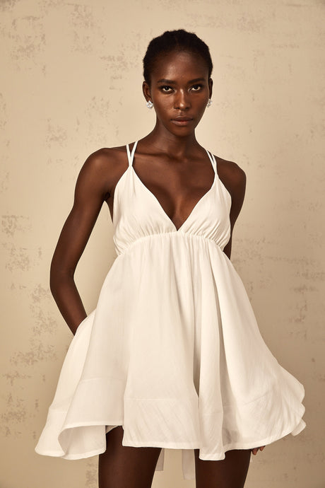 Aurohaya Quincie white shirred flounced mini dress