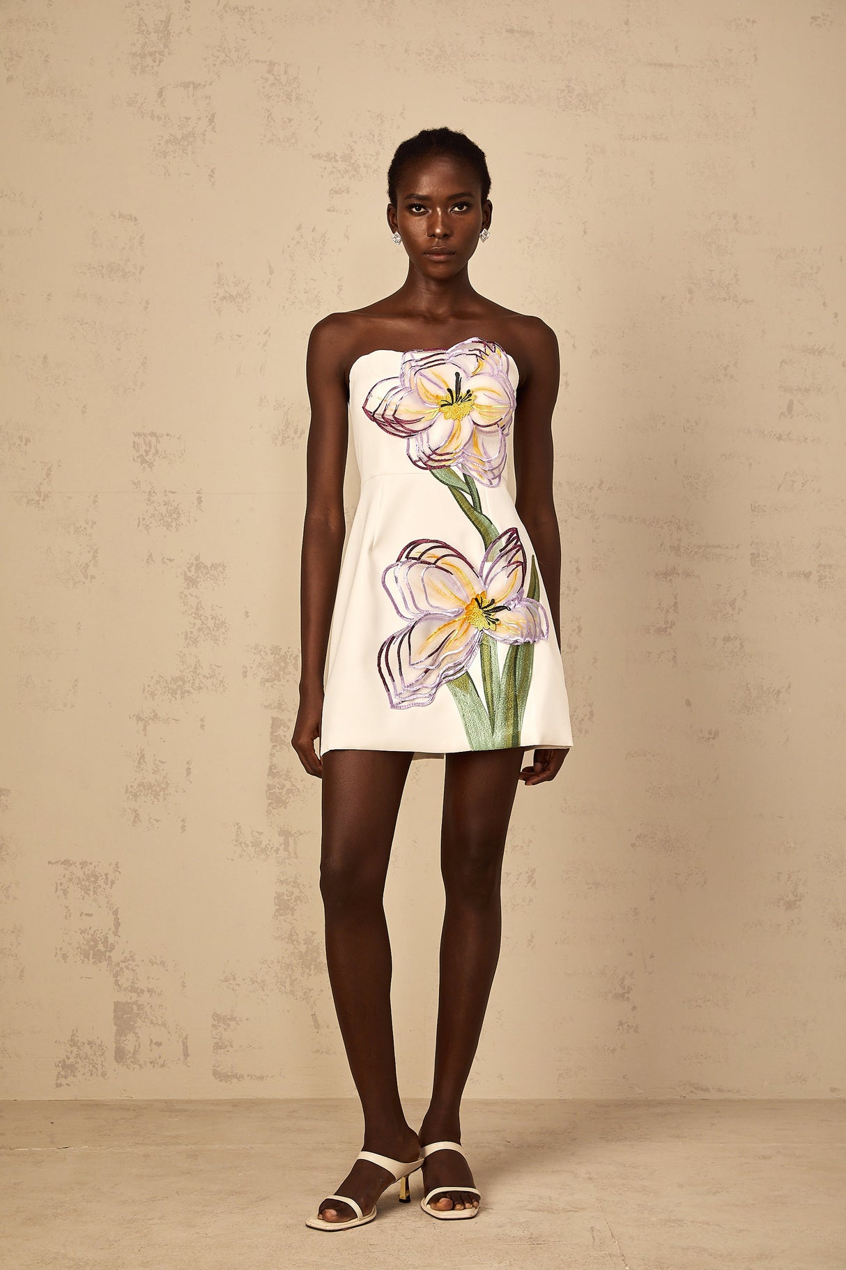 Aurohaya Irène White Off-Shoulder Sequin Floral Embroidered Mini Dress