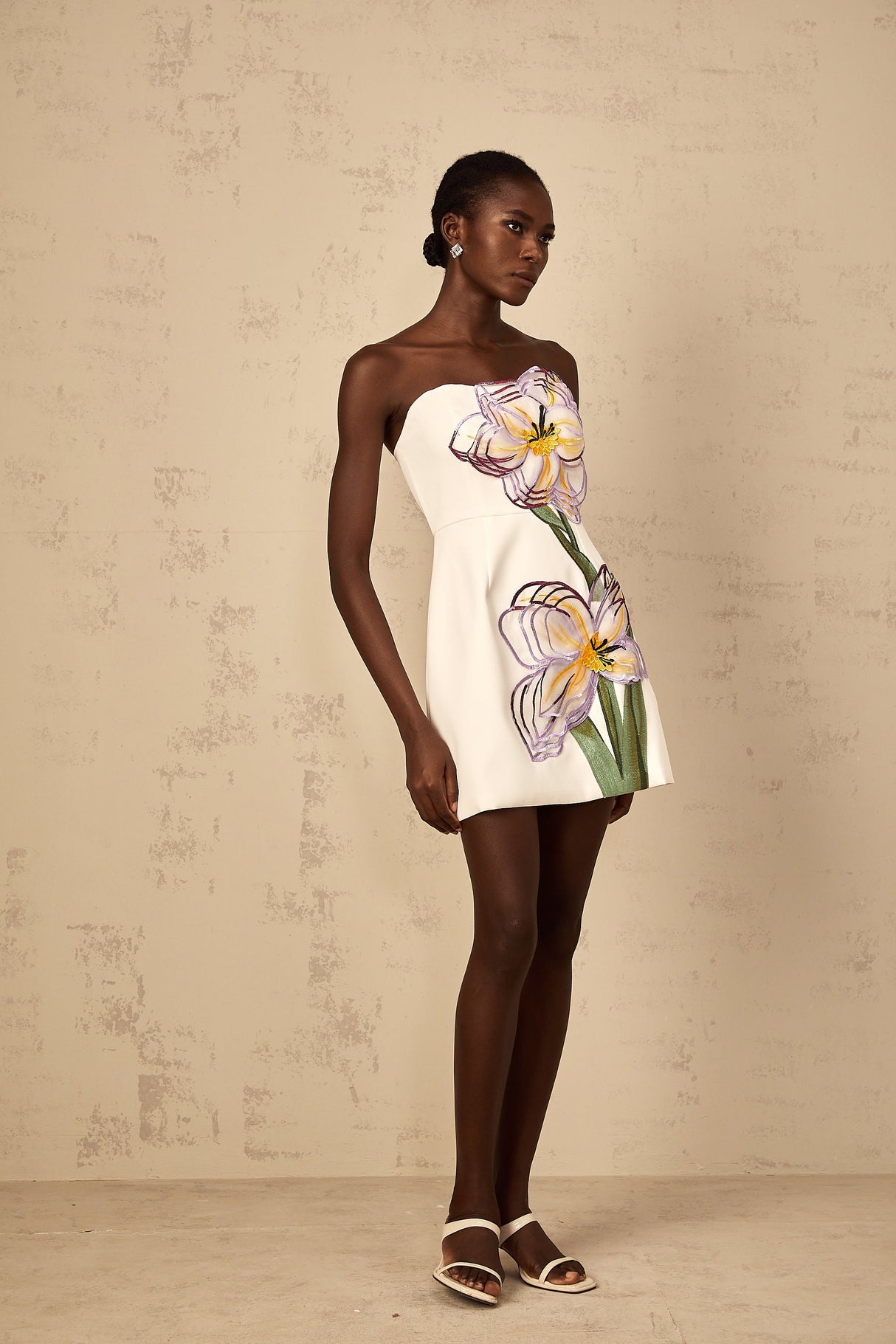 Aurohaya Irène White Off-Shoulder Sequin Floral Embroidered Mini Dress