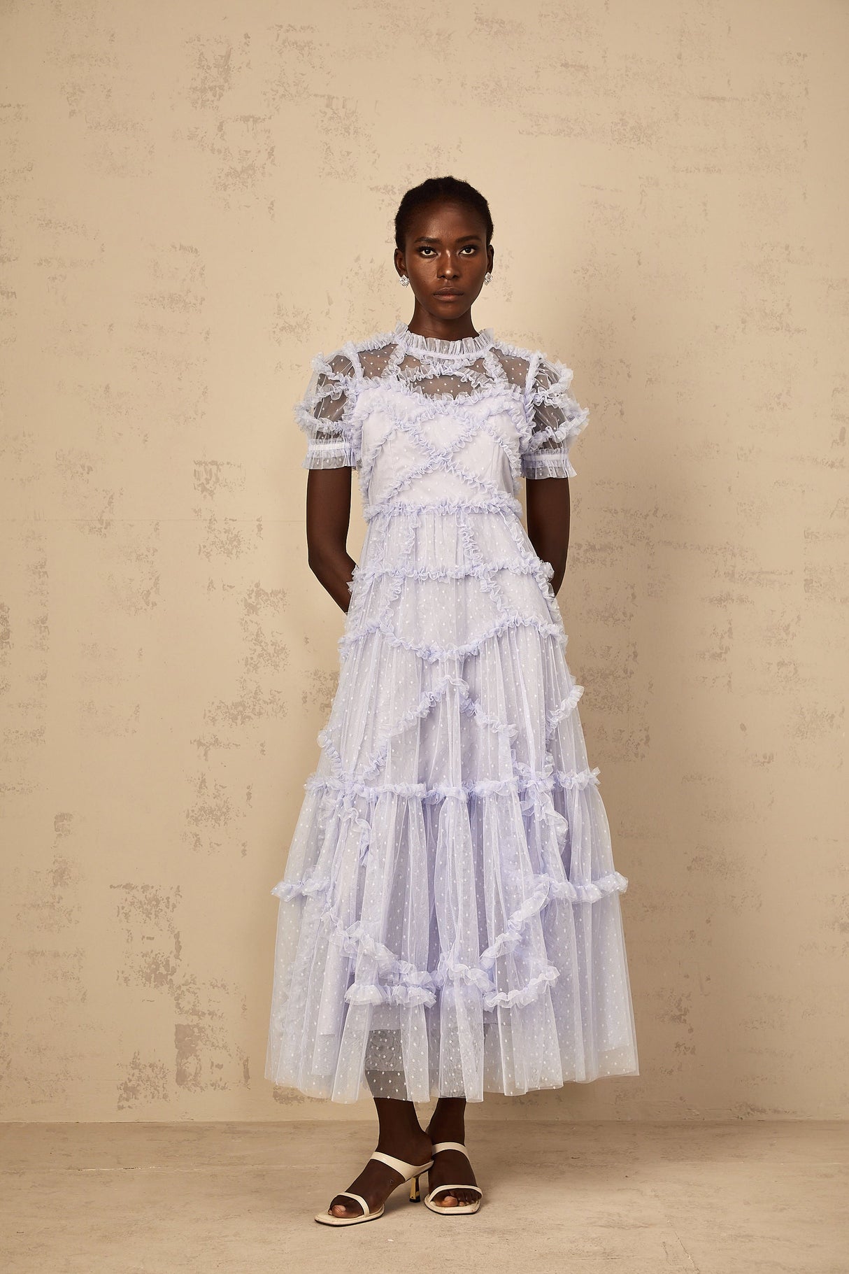 Aurohaya Annabelle Blue Polka Dot Ruffled Tulle Maxi Dress