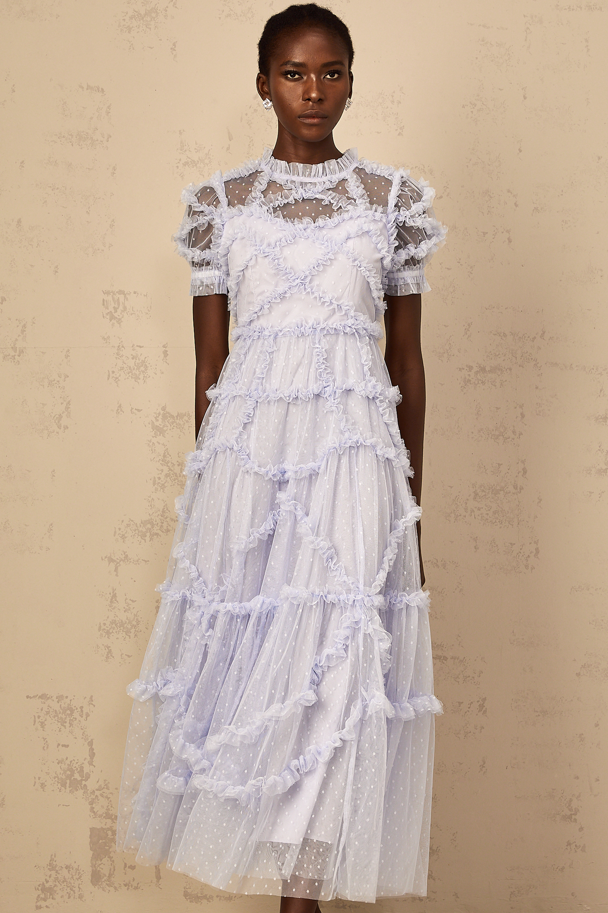 Aurohaya Annabelle Blue Polka Dot Ruffled Tulle Maxi Dress