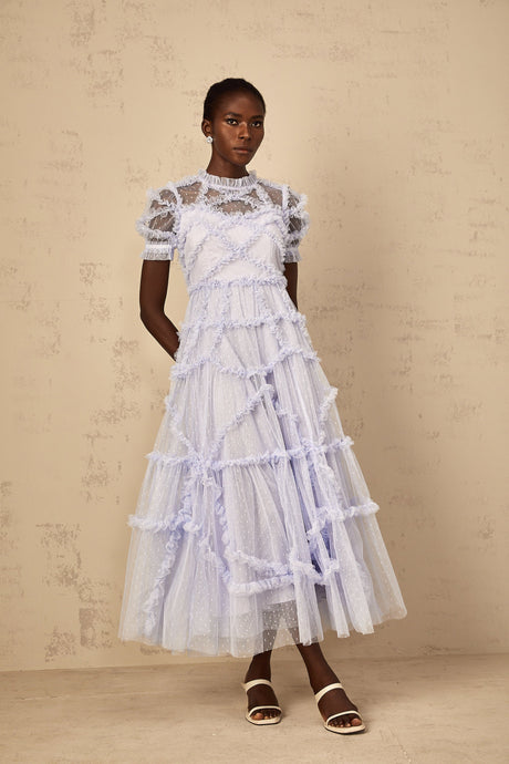 Aurohaya Annabelle Blue Polka Dot Ruffled Tulle Maxi Dress