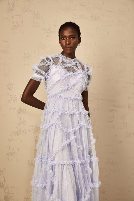 Aurohaya Annabelle Blue Polka Dot Ruffled Tulle Maxi Dress