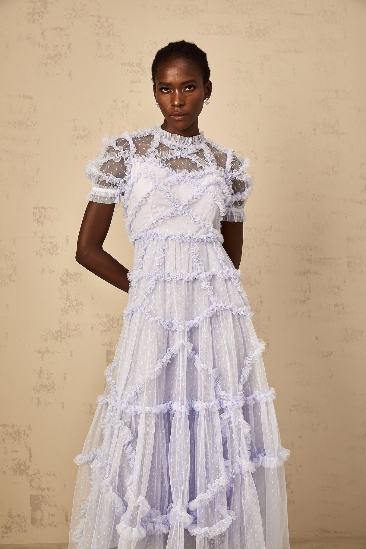 Aurohaya Annabelle Blue Polka Dot Ruffled Tulle Maxi Dress