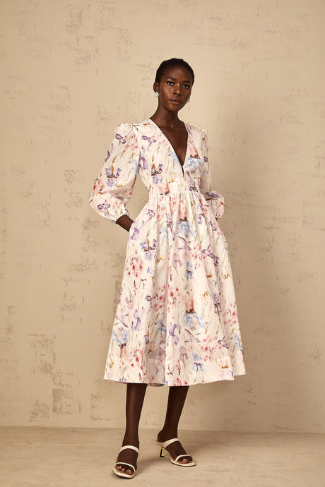 Aurohaya Géraldine White V-Neck Floral Print Midi Dress