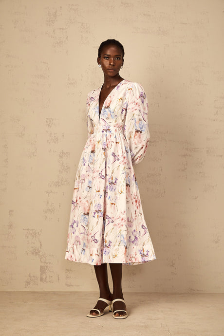 Aurohaya Géraldine White V-Neck Floral Print Midi Dress