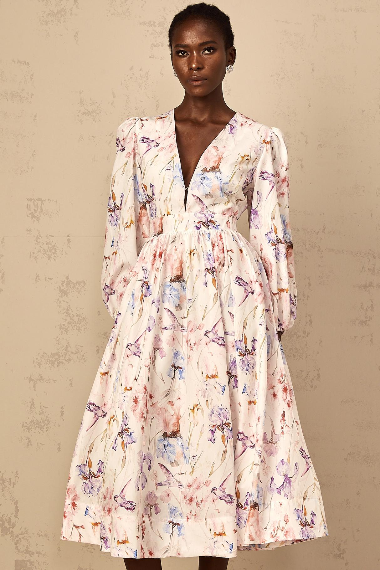 Aurohaya Géraldine White V-Neck Floral Print Midi Dress