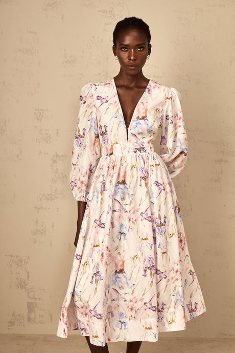 Aurohaya Géraldine White V-Neck Floral Print Midi Dress