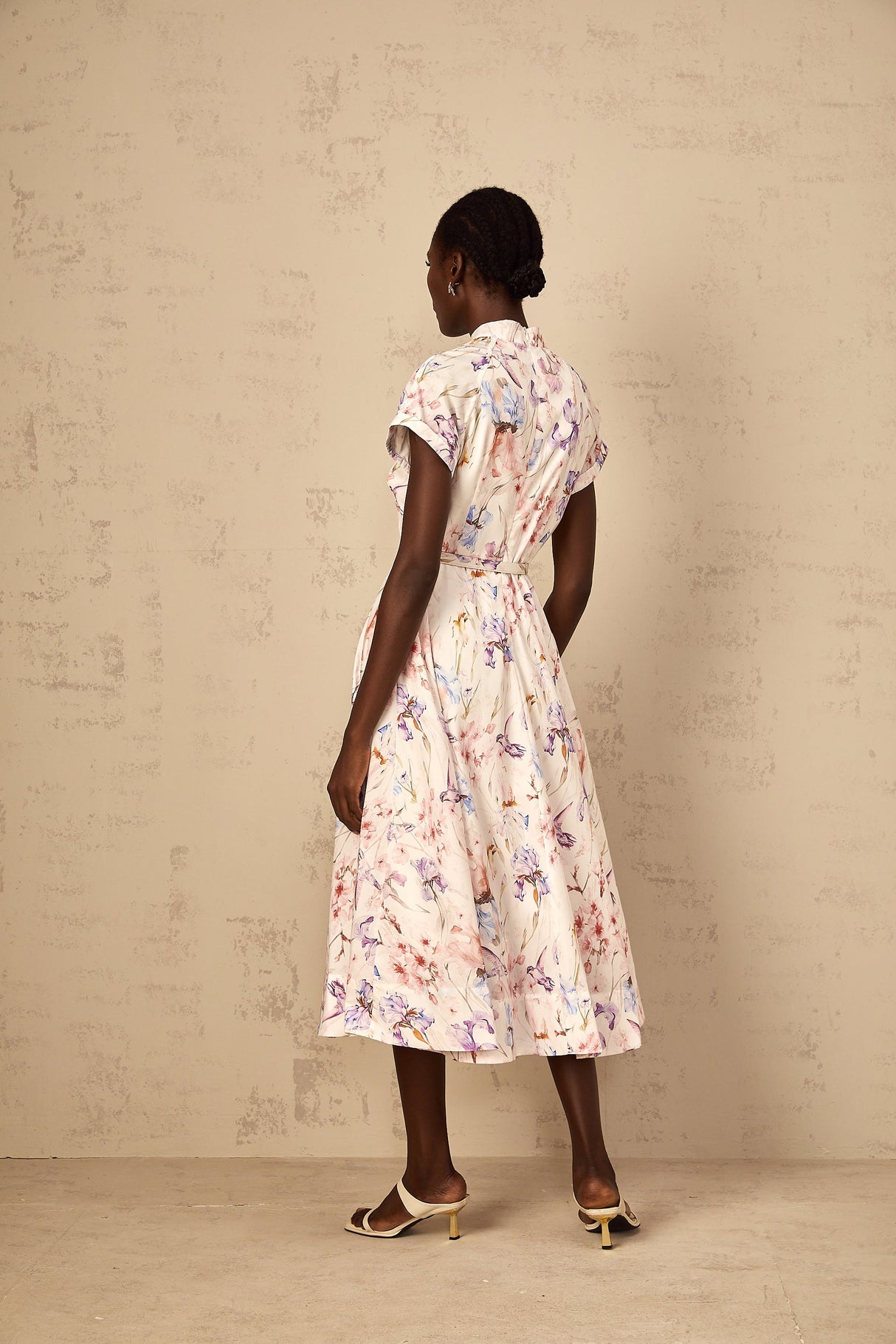 Aurohaya Géraldine White Mock-Neck Floral Print Midi Dress