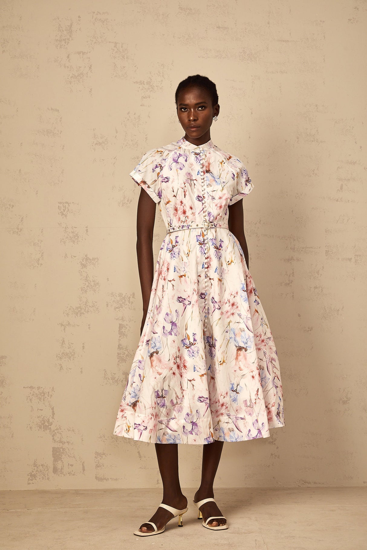 Aurohaya Géraldine White Mock-Neck Floral Print Midi Dress
