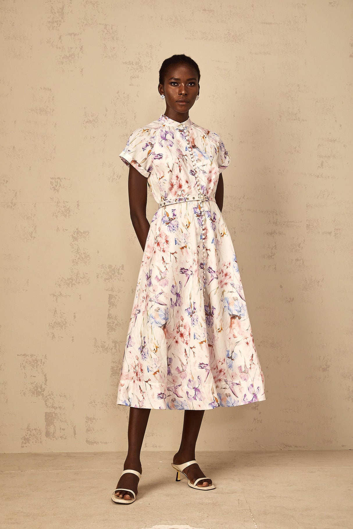 Aurohaya Géraldine White Mock-Neck Floral Print Midi Dress