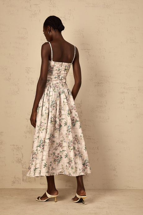 Aurohaya Fleur Neutral Floral Print Midi Dress