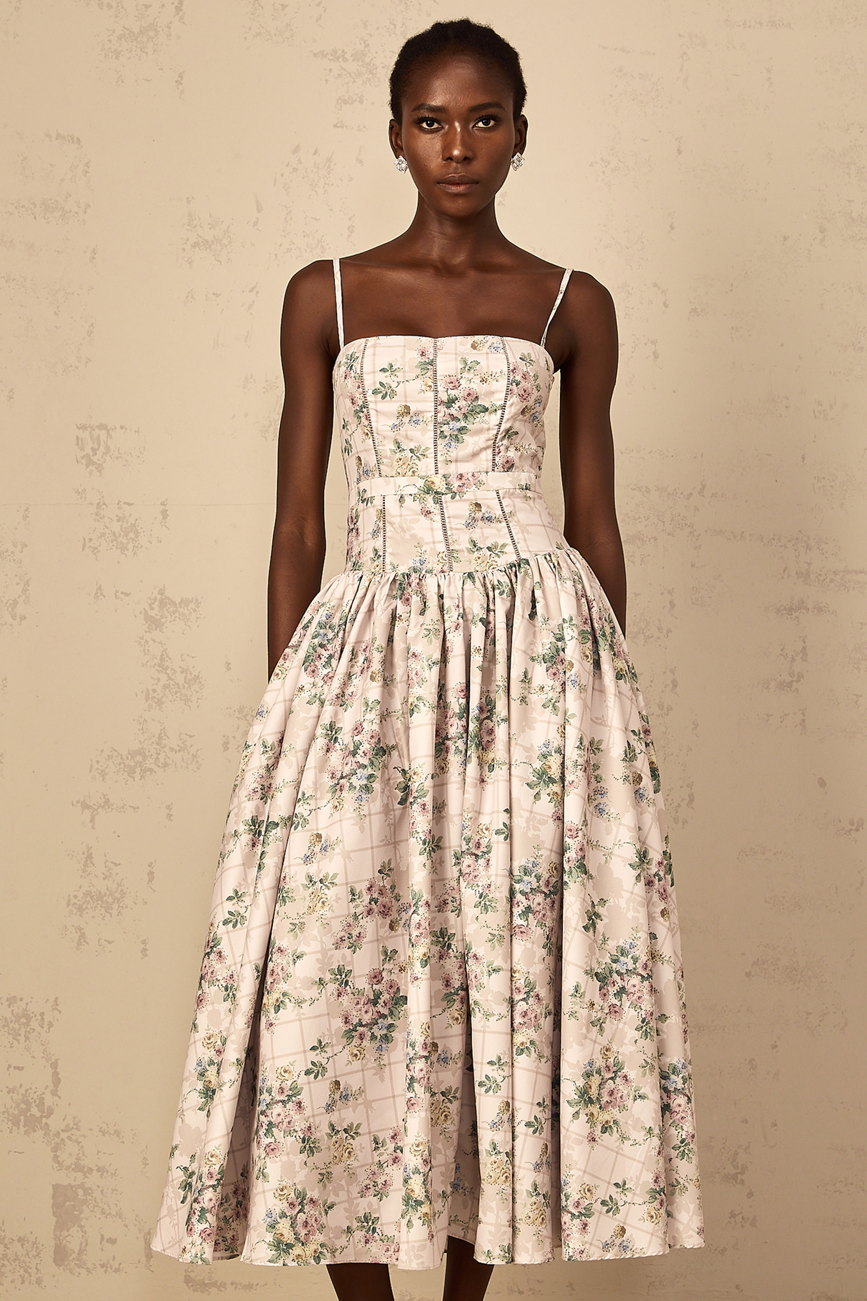 Aurohaya Fleur Neutral Floral Print Midi Dress
