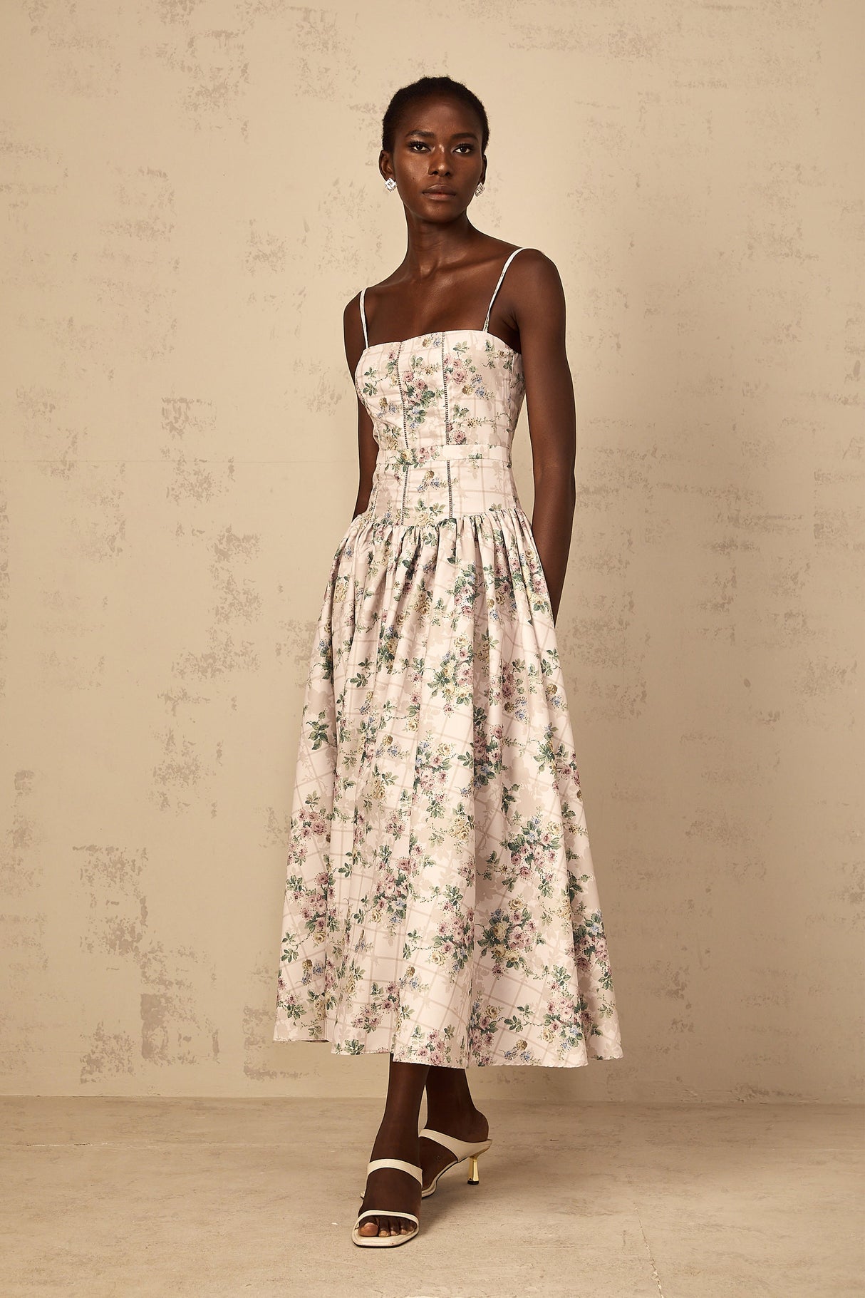 Aurohaya Fleur Neutral Floral Print Midi Dress