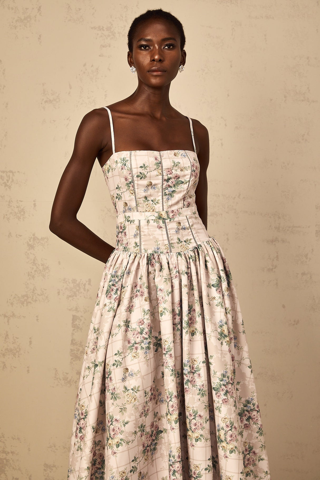 Aurohaya Fleur Neutral Floral Print Midi Dress