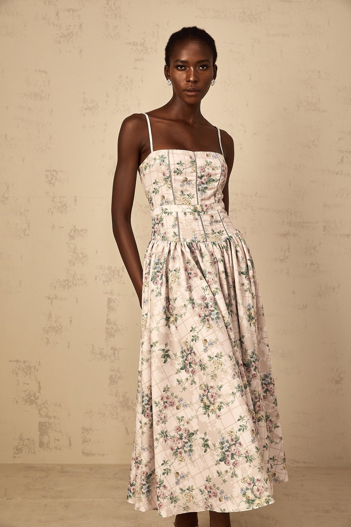 Aurohaya Fleur Neutral Floral Print Midi Dress