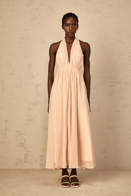 Aurohaya Dulcie Halterneck Shirred Tulle Maxi Dress