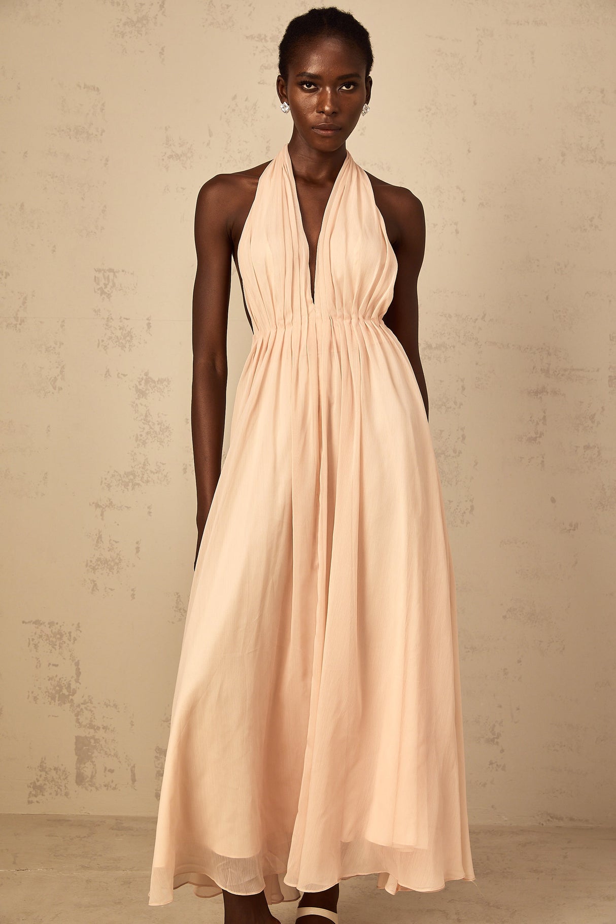 Aurohaya Dulcie Halterneck Shirred Tulle Maxi Dress