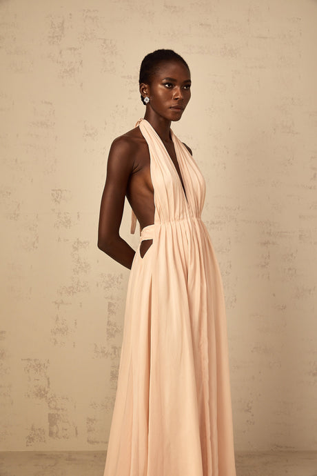Aurohaya Dulcie Halterneck Shirred Tulle Maxi Dress