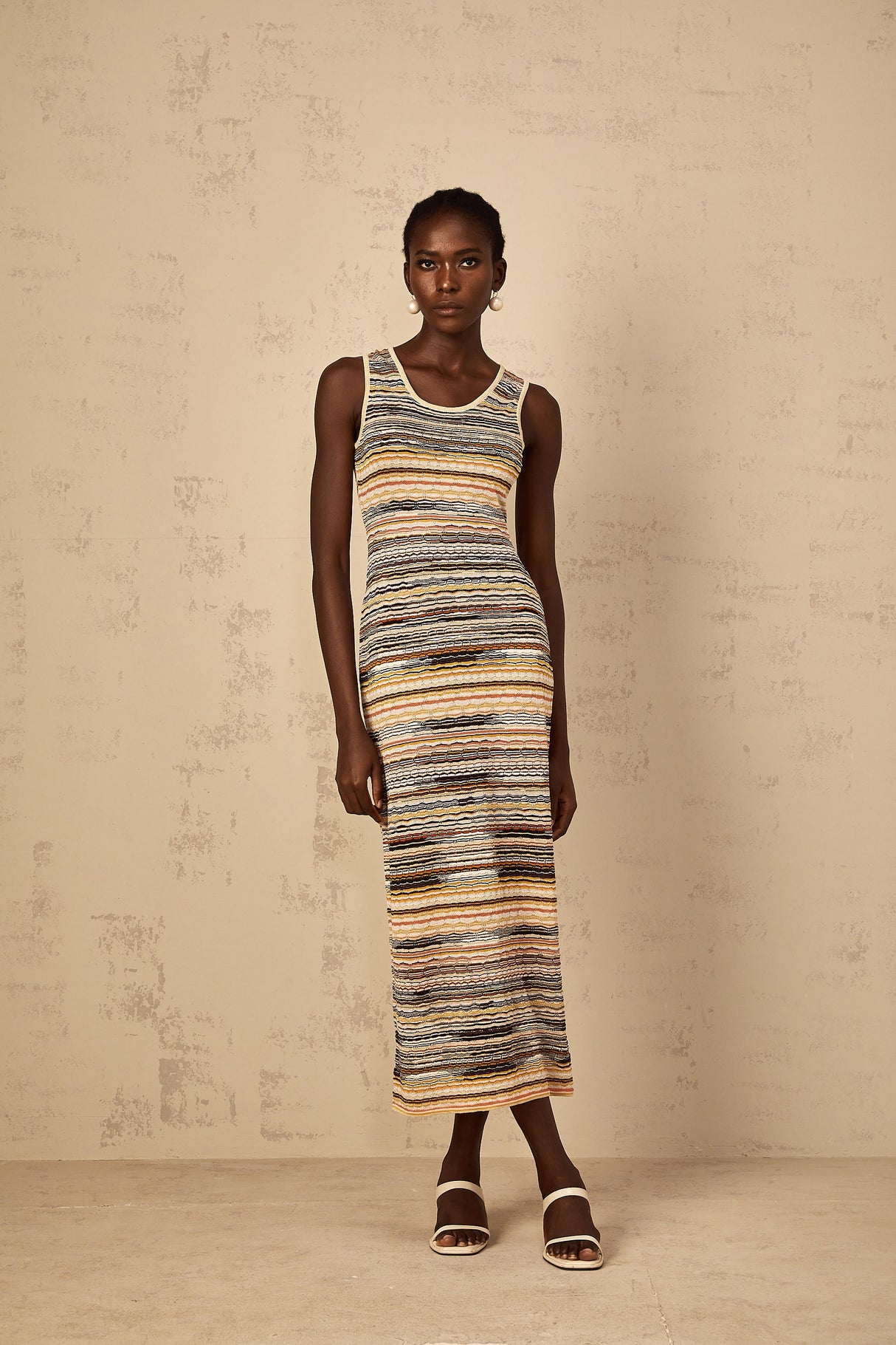 Aurohaya Quentin Yellow Striped Crochet Knit Midi Dress