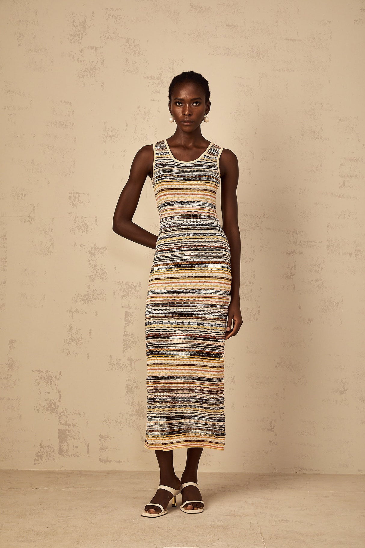 Aurohaya Quentin Yellow Striped Crochet Knit Midi Dress