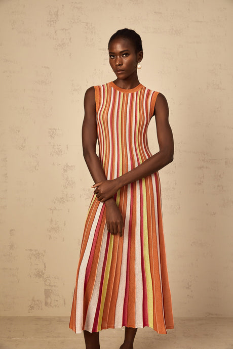Aurohaya Abriana Orange Vertical Striped Knit Midi Dress