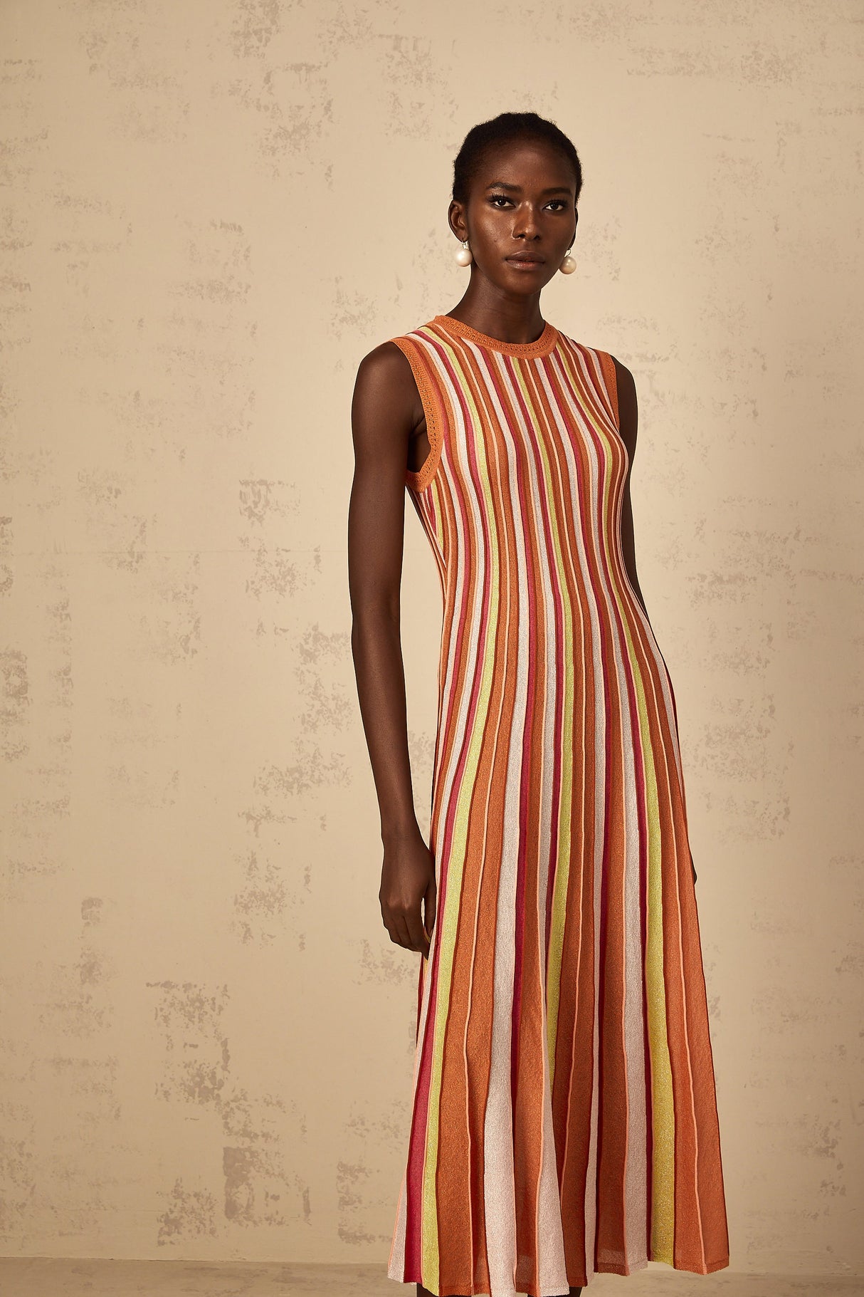 Aurohaya Abriana Orange Vertical Striped Knit Midi Dress