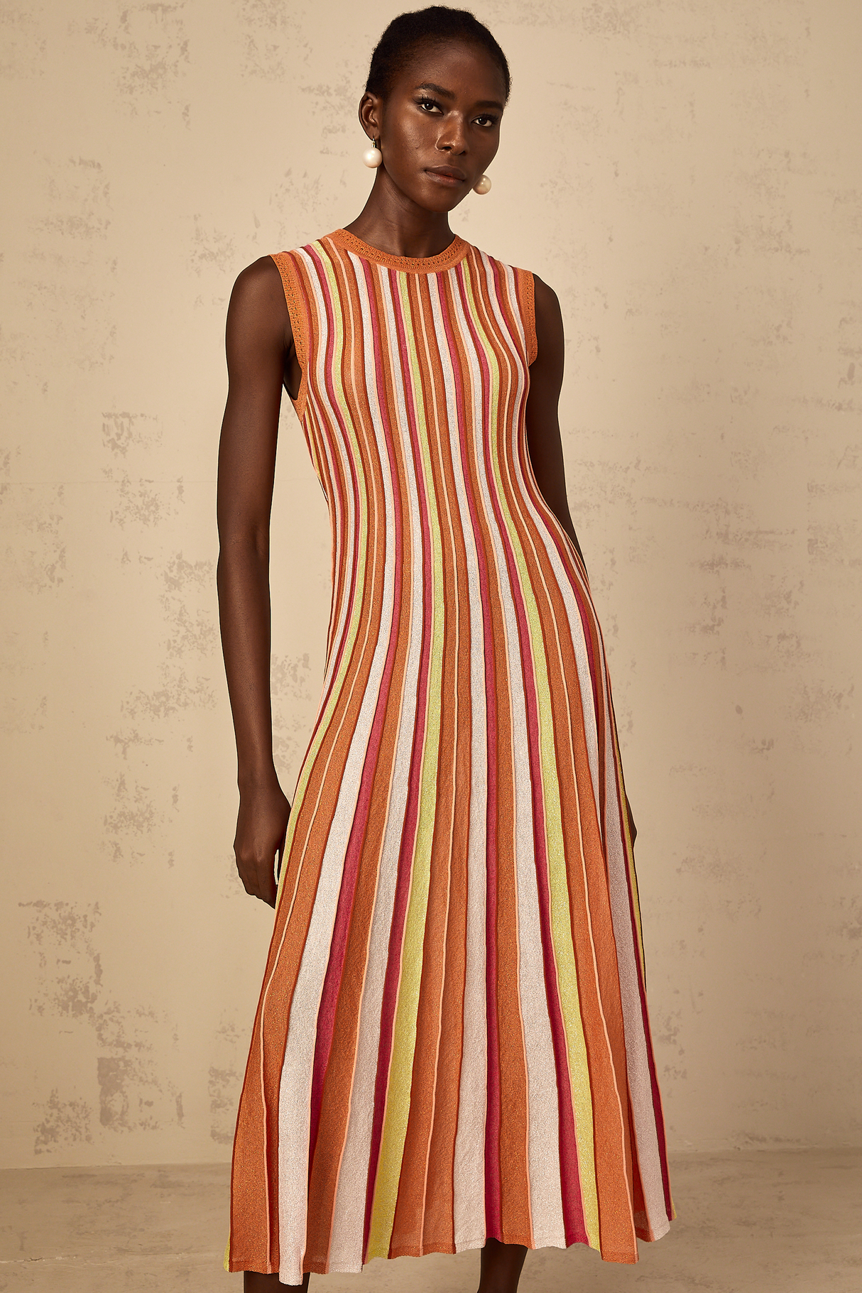 Aurohaya Abriana Orange Vertical Striped Knit Midi Dress