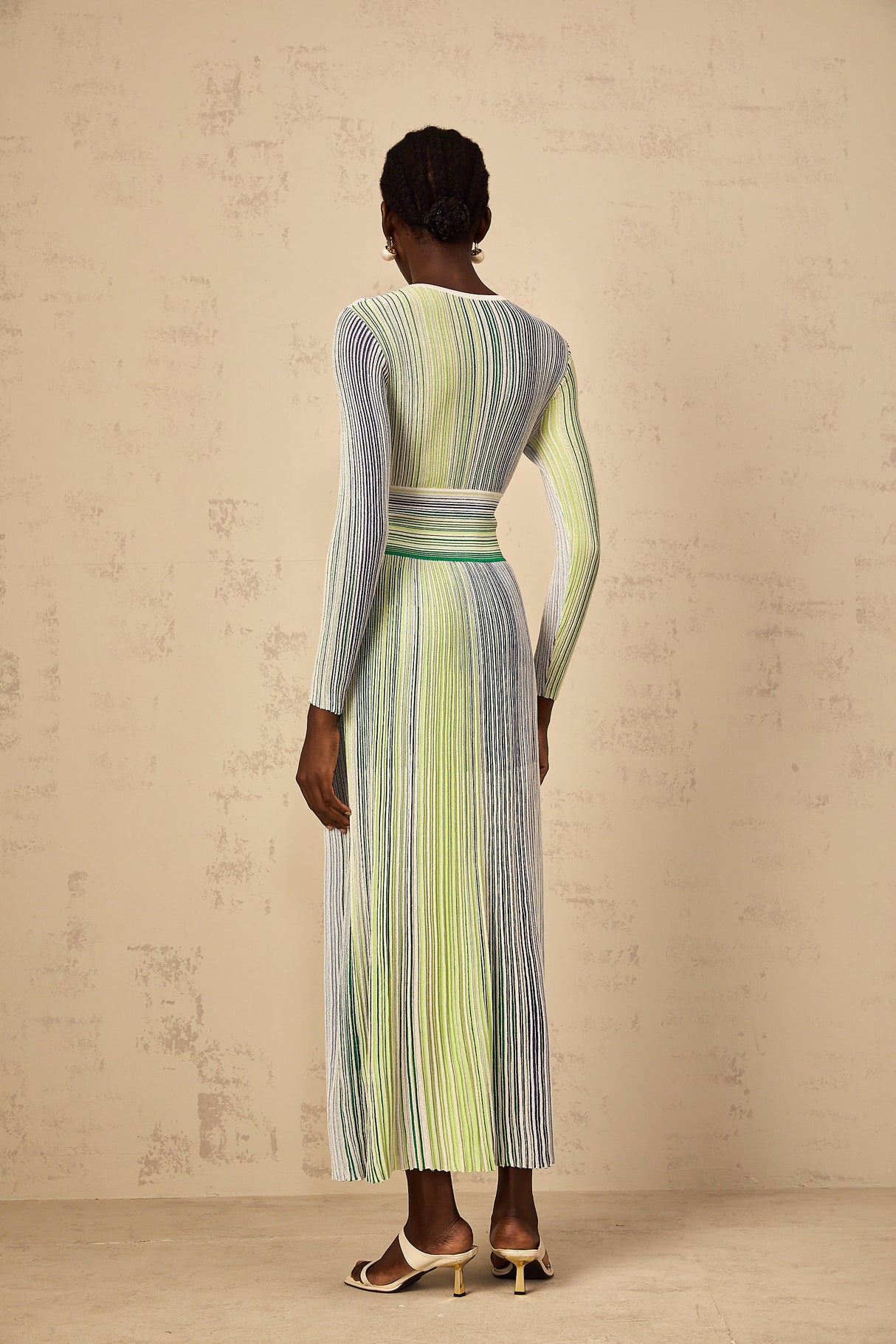 Aurohaya Amaryllis Green Long Sleeve Sequin Striped Knit Maxi Dress