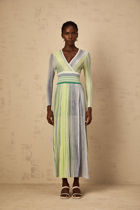 Aurohaya Amaryllis Green Long Sleeve Sequin Striped Knit Maxi Dress