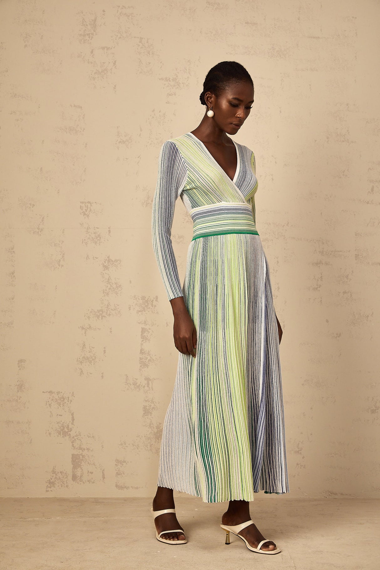 Aurohaya Amaryllis Green Long Sleeve Sequin Striped Knit Maxi Dress