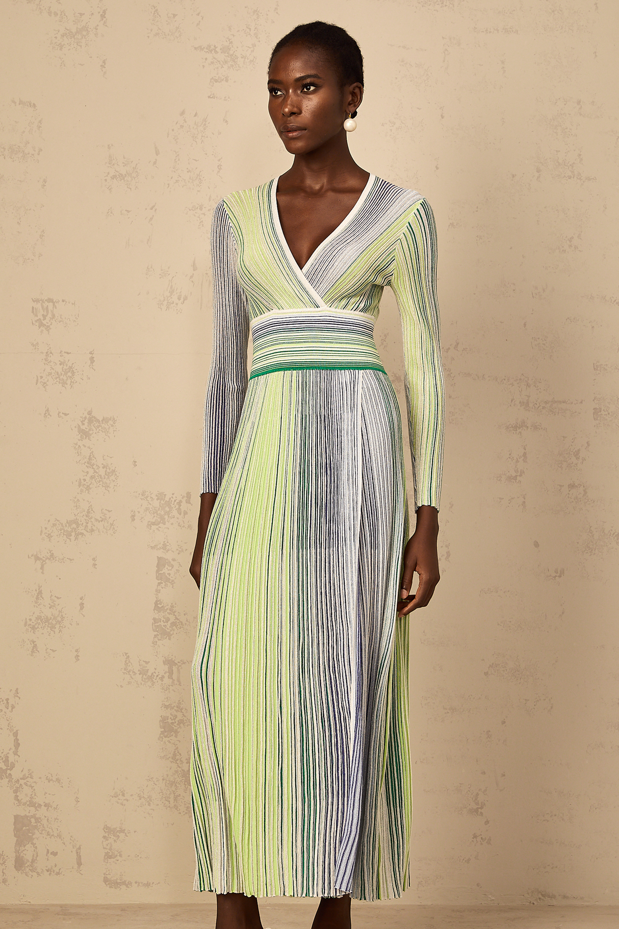 Aurohaya Amaryllis Green Long Sleeve Sequin Striped Knit Maxi Dress
