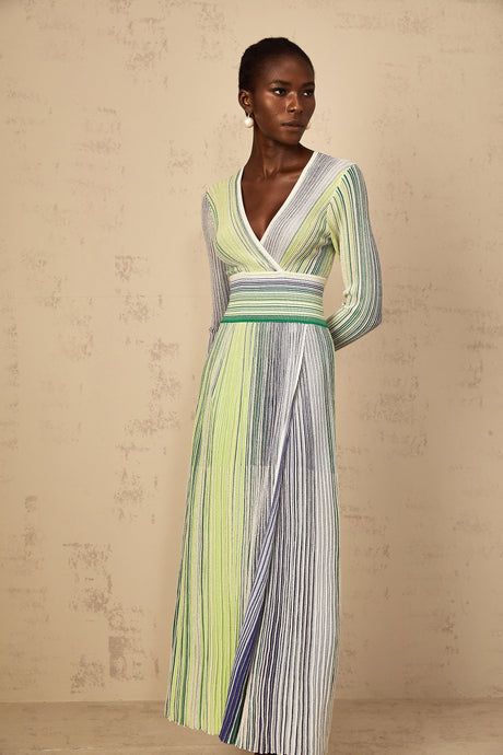 Aurohaya Amaryllis Green Long Sleeve Sequin Striped Knit Maxi Dress