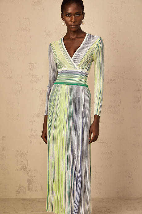 Aurohaya Amaryllis Green Long Sleeve Sequin Striped Knit Maxi Dress