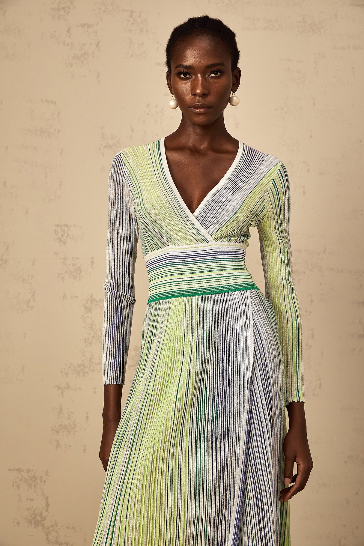 Aurohaya Amaryllis Green Long Sleeve Sequin Striped Knit Maxi Dress