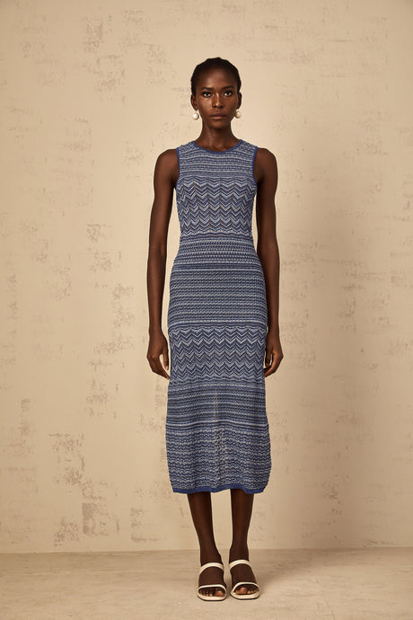 Aurohaya Ingrid Blue Wavy Crochet Knit Midi Dress